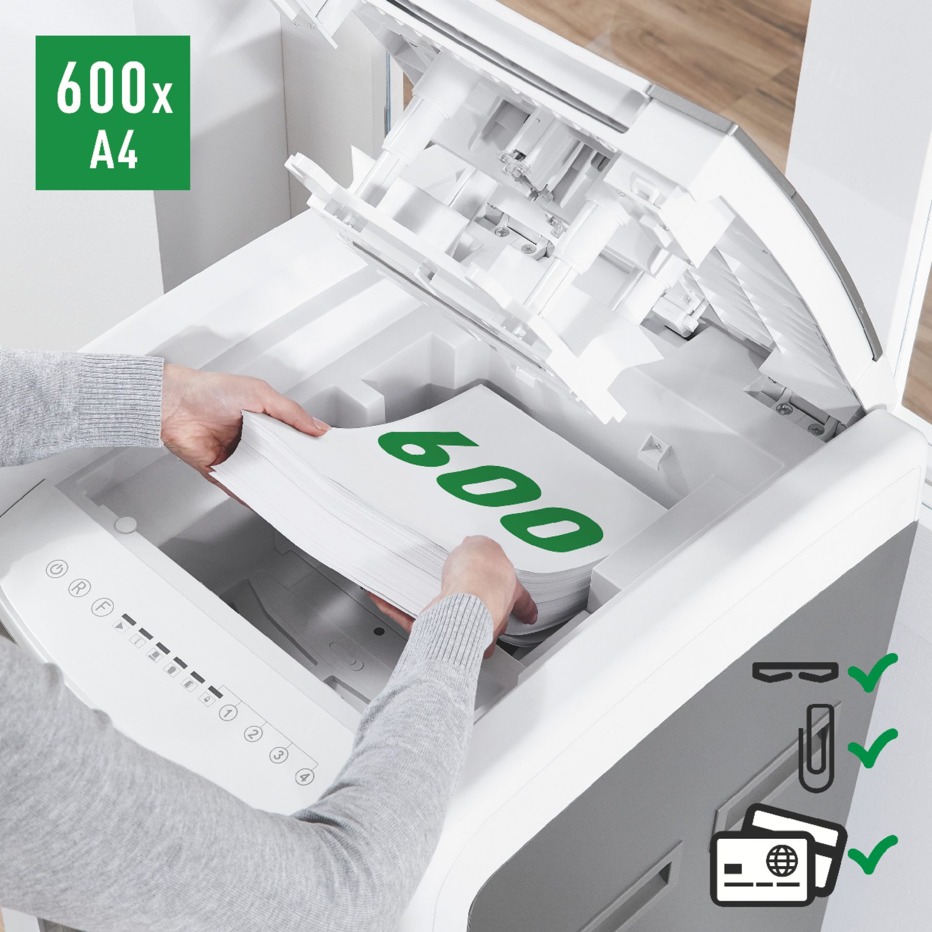 Leitz IQ Autofeed Office Pro 600 Automatic Cross Cut Paper Shredder P4 110L - White - Image 10